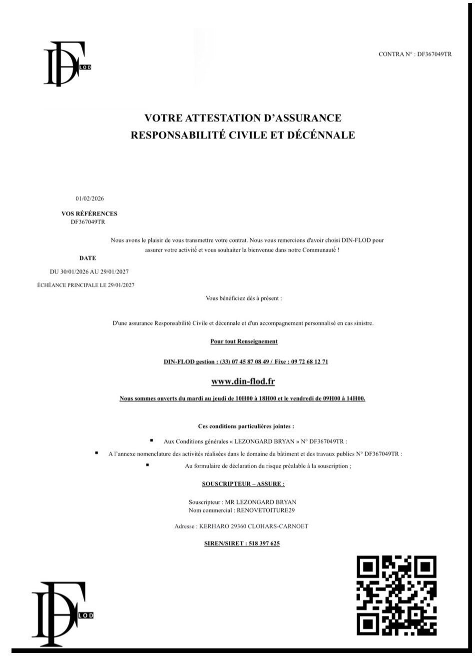 Page de garde de l'attestation d'assurance responsabilité civile et décennale de Renove Toiture 29