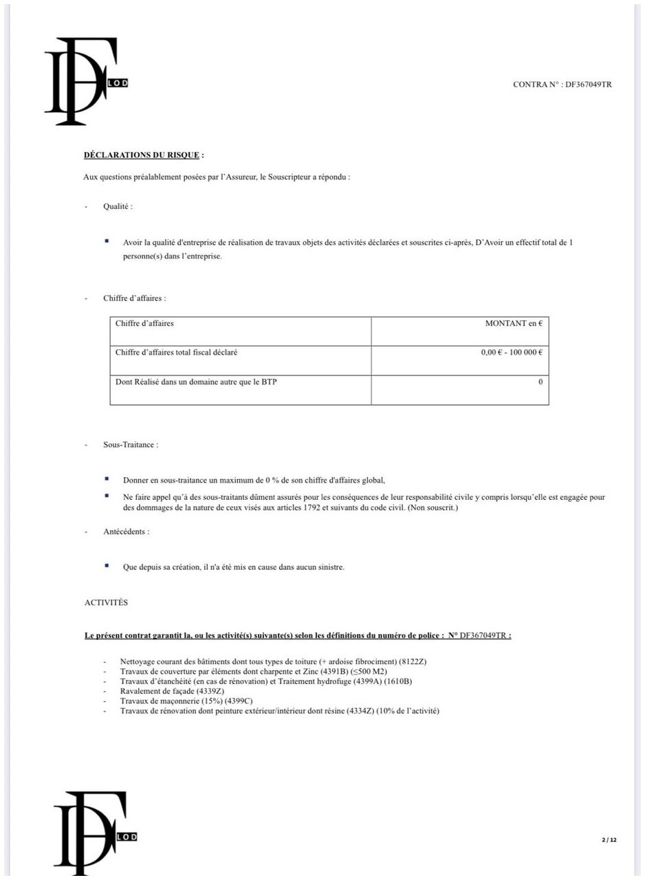 Attestation décennale — activités couvertes : nettoyage de toitures, couverture et zinc, étanchéité et hydrofuge, ravalement de façade