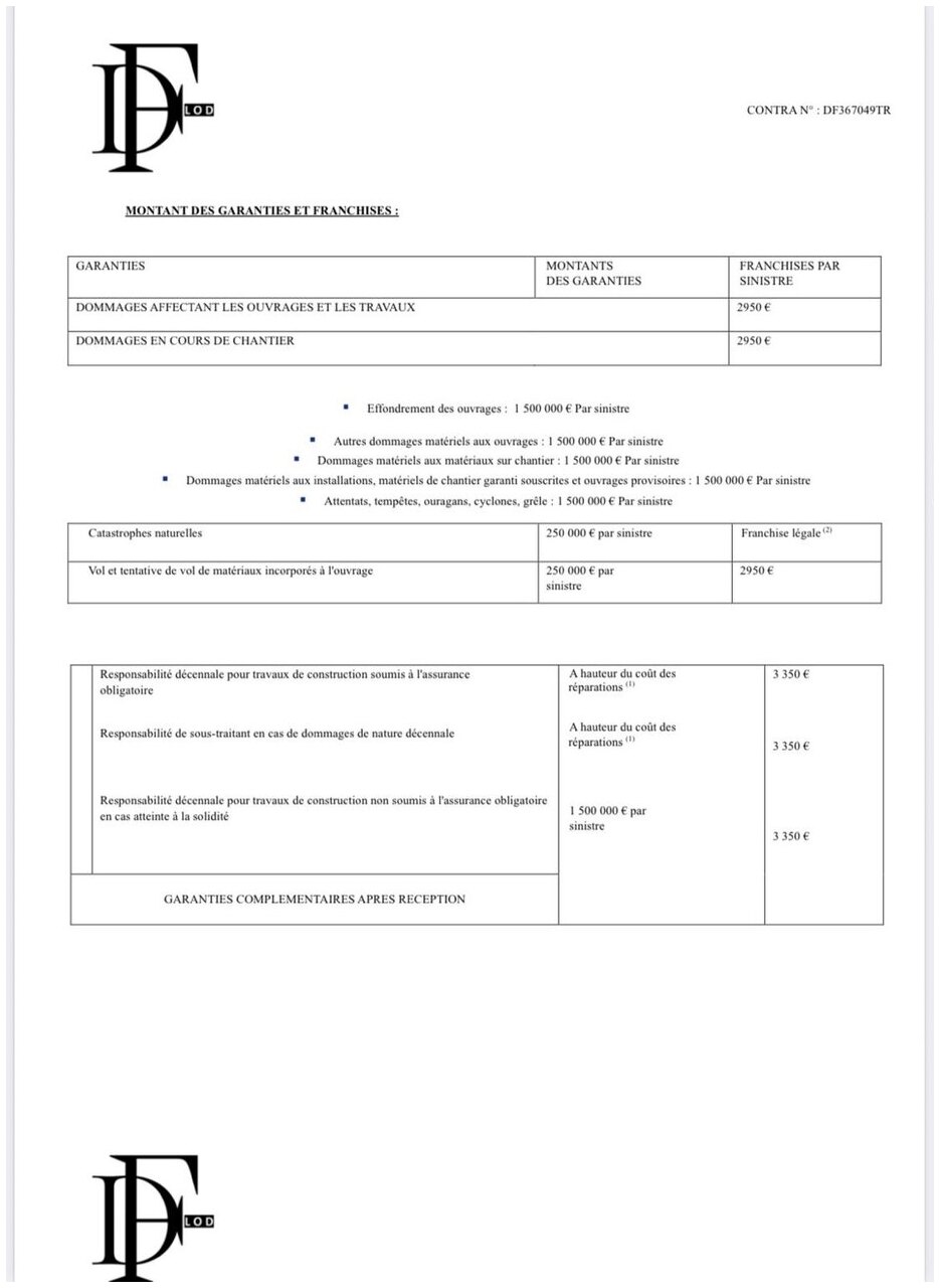 Attestation décennale — montant des garanties : responsabilité décennale pour travaux de construction soumis à l'assurance obligatoire